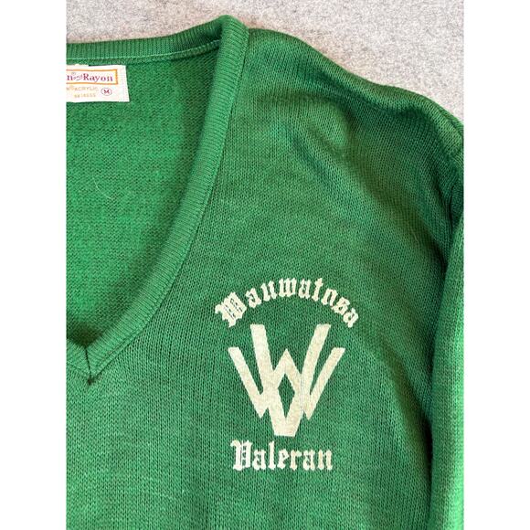 VINTAGE 70s Wauwatosa Sweater Mens Medium Green Knit Cozy Pullover VNeck Varsity - Picture 5 of 6